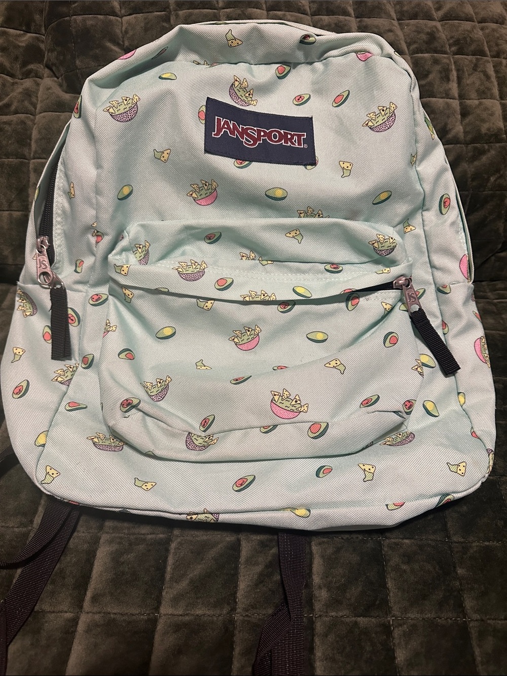 Jansport Mint Green Backpack with Avocado & Snack Print